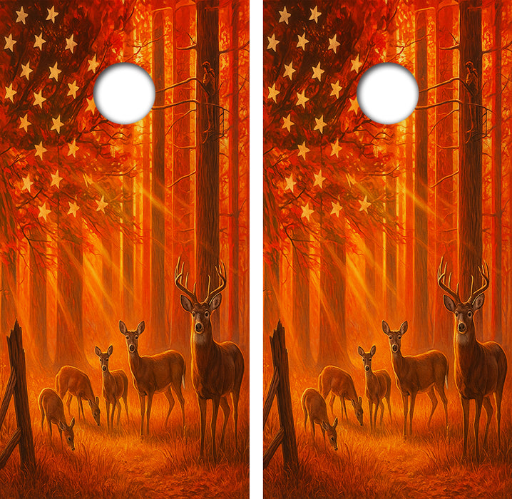 Deer Hunting American Flag Cornhole Wrap Decal with Free Laminate Included