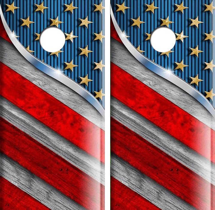 Chrome American Flag Cornhole Wood Board Skin Wrap
