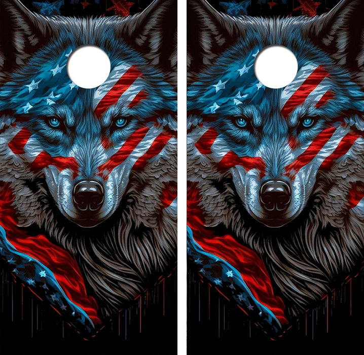 Wolf American Flag Cornhole Wood Board Skin Wrap