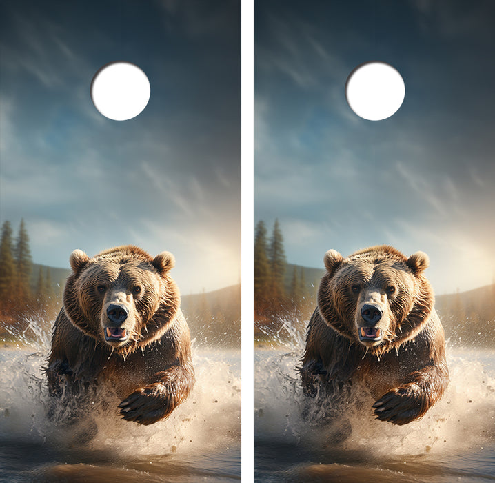 Charging Grizzly Bear Cornhole Wood Board Skin Wrap