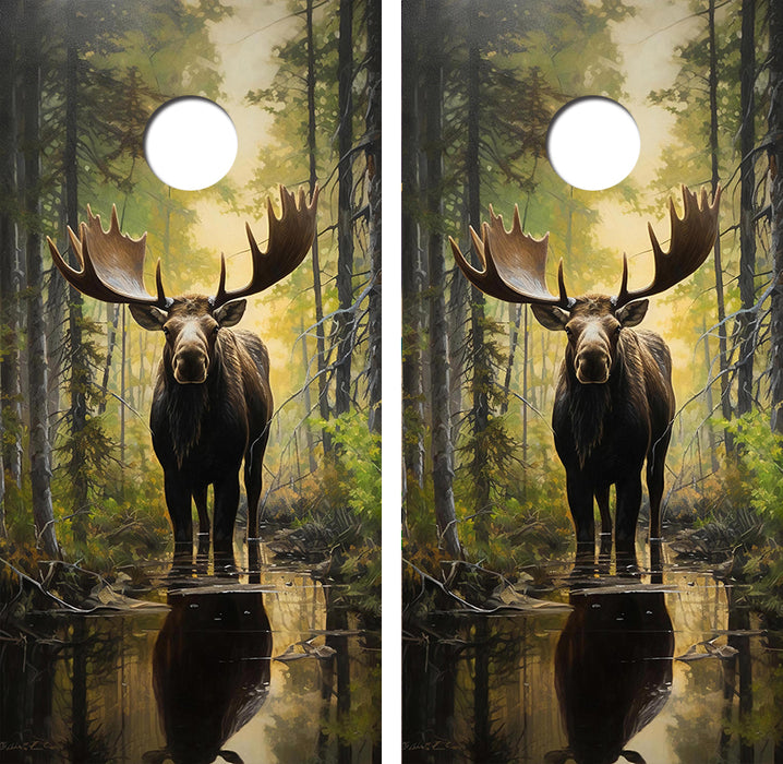Bull Moose in Woods Cornhole Wood Board Skin Wrap