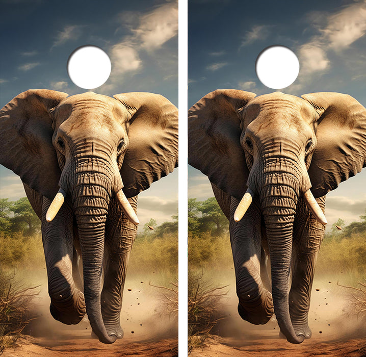 Charging African Elephant Cornhole Wood Board Skin Wrap