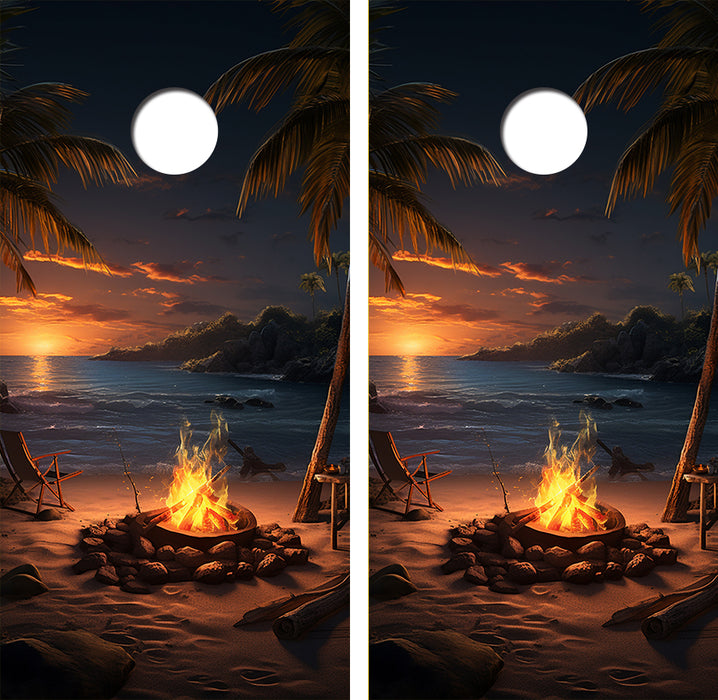 Fire on the Beach at Sun Set Cornhole Wood Board Skin Wrap
