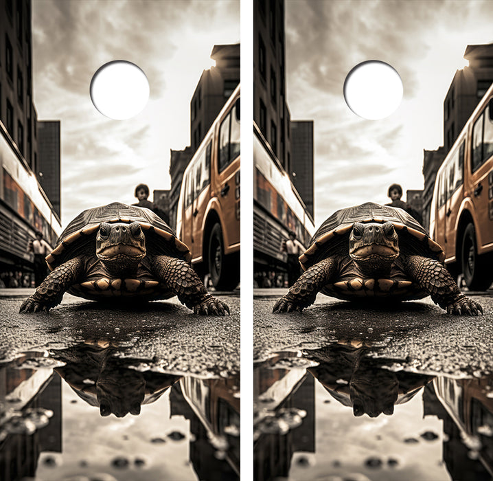 Little Turtle in a Big City Cornhole Wood Board Skin Wrap