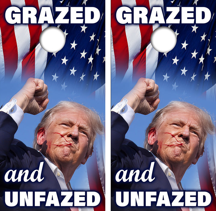 Trump Grazed and Unfazed Cornhole Wood Board Skin Wrap
