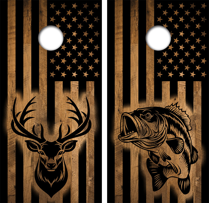 Deer Bass American Flag Cornhole Wrap Decal with Free Laminate Included
