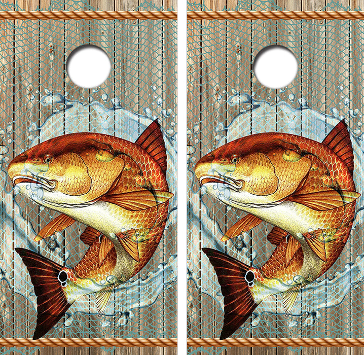 Red Fish Cornhole Wood Board Skin Wrap