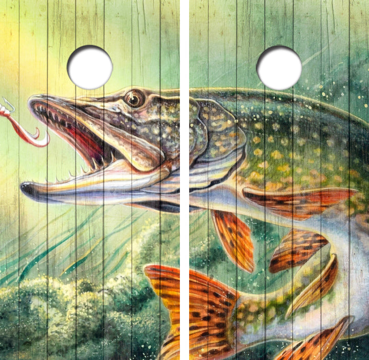Northern Pike Fishing Cornhole Wrap Decal with Free Laminate Included
