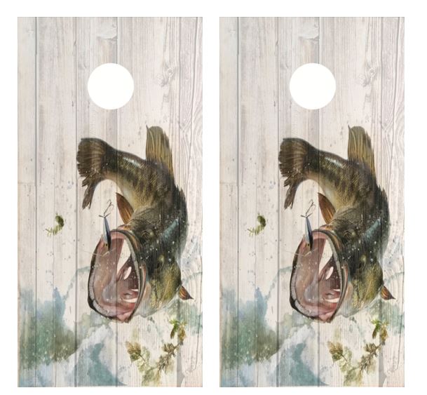 Leaping Bass Barnwood Cornhole Wood Board Skin Wrap