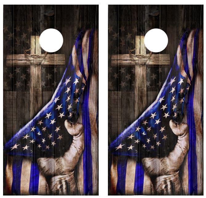 Blue Lives Matter Cross Cornhole Wood Board Skin Wrap