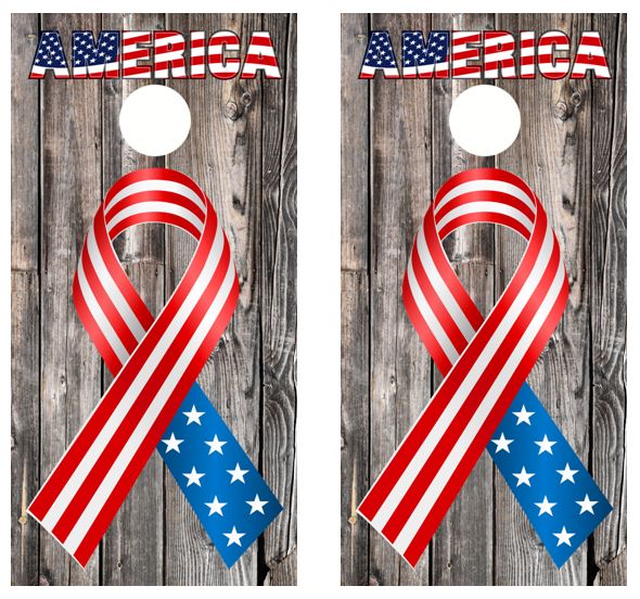 Patriotic American Flag and Ribbon Barnwood Cornhole Wood Board Skin Wrap