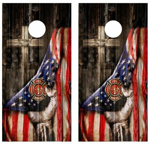 Firefighter Cross Barnwood Cornhole Wood Board Skin Wraps FREE LAMINA
