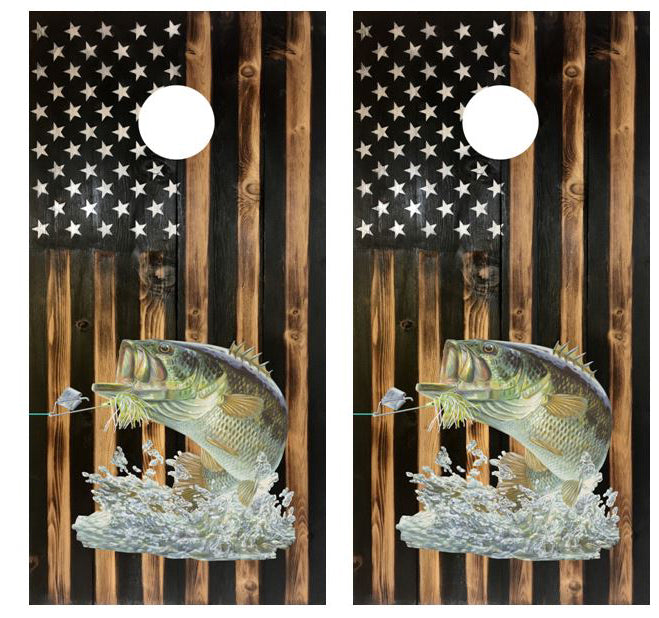 Rustic Flag Bass Fishing Cornhole Wood Board Skin Wrap