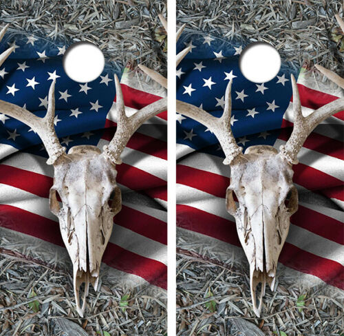 Deer Skull Flag Cornhole Wood Board Skin Wraps FREE LAMINAT