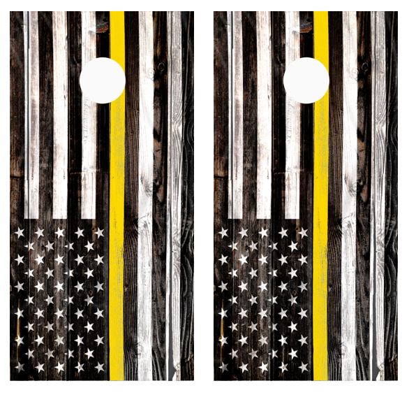 Yellow Line Flag Dispatchers Barnwood Cornhole Wood Board Skin Wrap