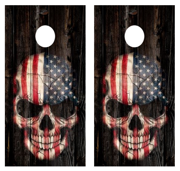American Flag Skull Barnwood Cornhole Wood Board Skin Wrap