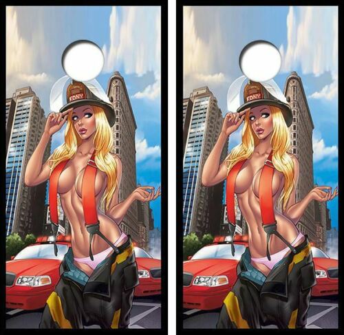 Sexy Firefighter Cornhole Wood Board Skin Wrap