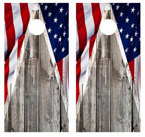 Patriotic Flag & Barnwood Cornhole Wood Board Skin Wraps FREE L