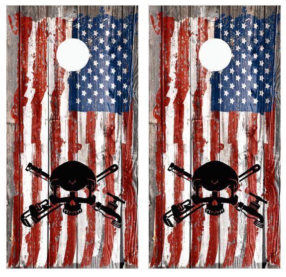 Pipe Fitter Skull American Flag Barnwood Cornhole Wood Board Skin Wrap