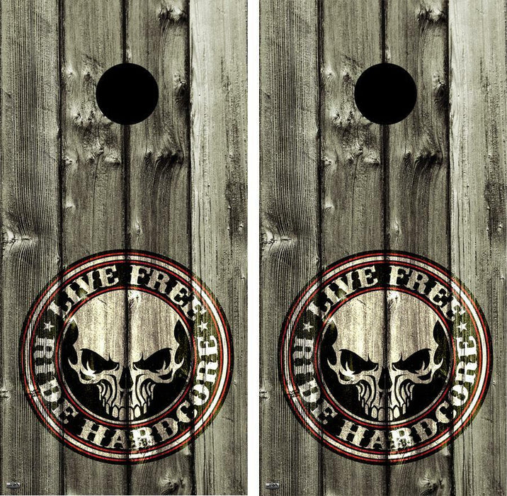 Live Free Ride Hardcore Cornhole Wood Board Skin Wrap