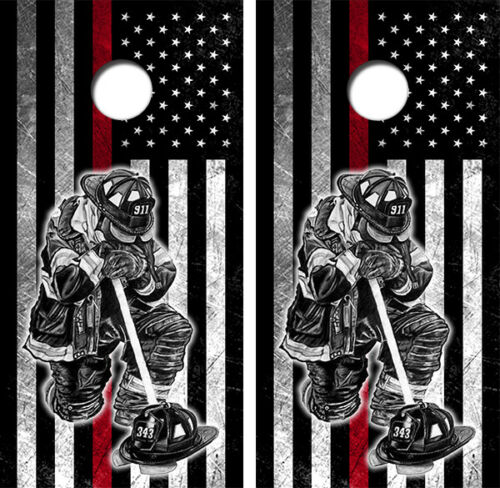 Kneeling Firefighter Cornhole Wood Board Skin Wrap