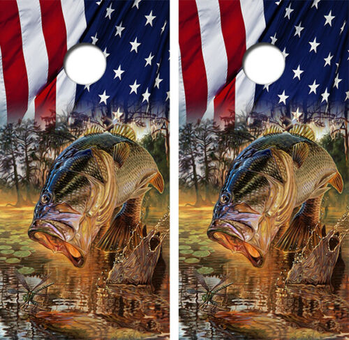 Jumping Bass American Flag Cornhole Wood Board Skin Wraps FREE LAMINAT