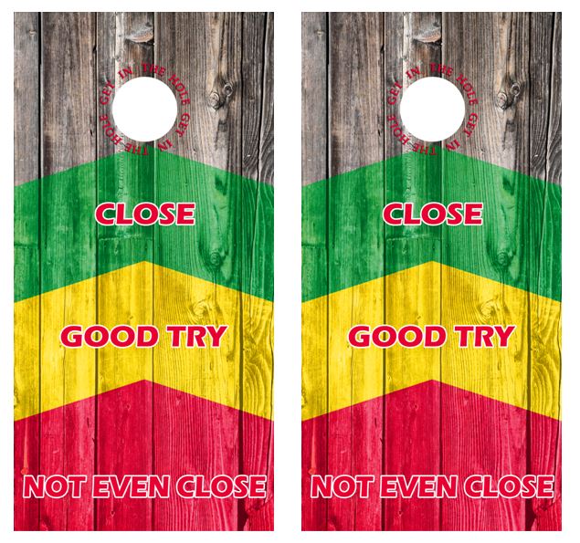 In The Hole, Close, Good Try Barnwood Cornhole Wood Board Skin Wrap