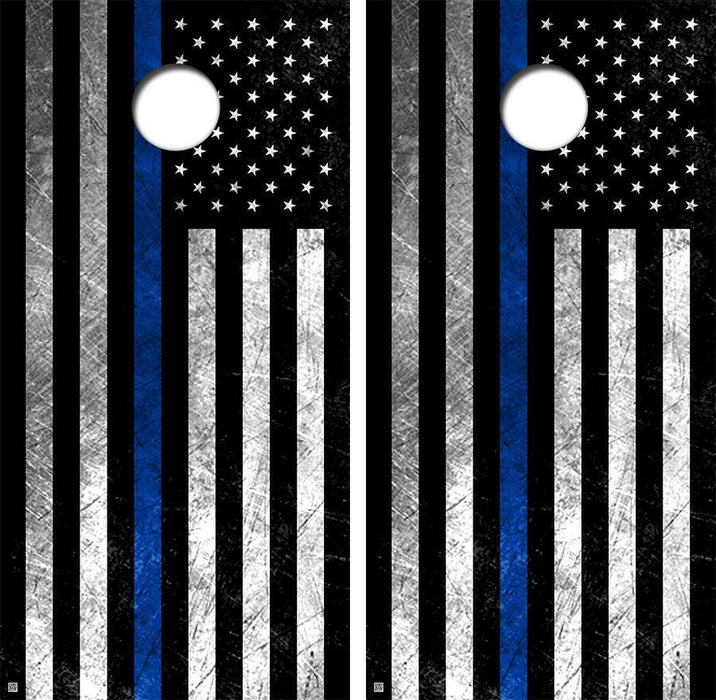 Grunge Blue Lives Flag Cornhole Wood Board Skin Wrap