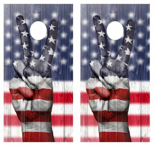 Patriotic Peace Sign Barnwood Cornhole Wood Board Skin Wraps FREE LAMINA