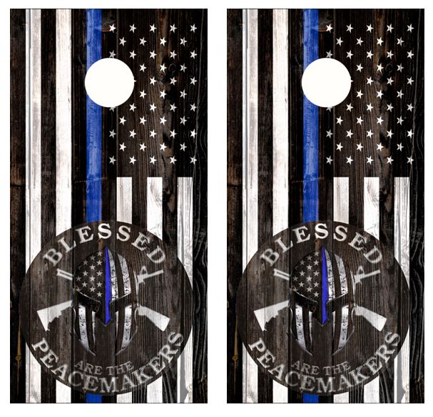 Blessed Are The Peacemakers Blue Line Flag Cornhole Wood Board Skin Wrap