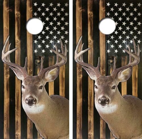 White Tail Deer Rustic American Flag Cornhole Wood Board Skin Wraps