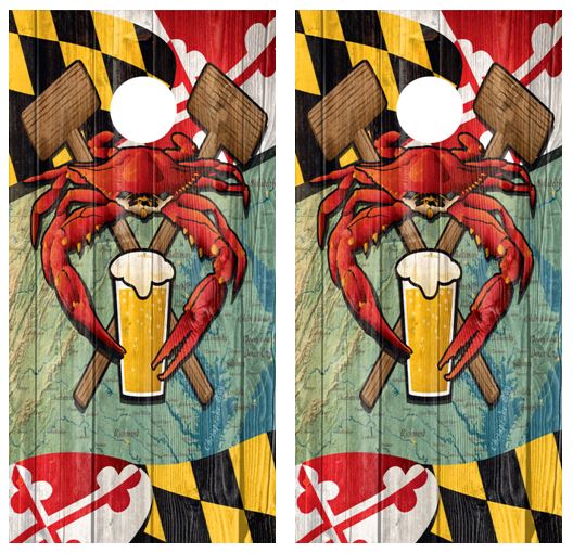 Maryland Crab & Beer Themed Cornhole Wood Board Skin Wraps FREE LAMINA