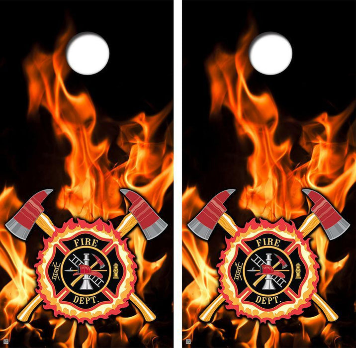 Firefighter Flames & Axes Cornhole Wood Board Skin Wrap