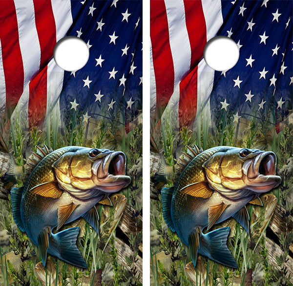 Bass Fish American Flag Cornhole Wood Board Skin Wrap