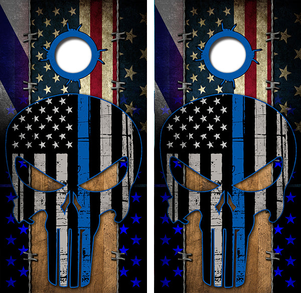 Blue Lives Matter Collage American Flag Cornhole Wood Board Skin Wraps FREE LAMINATE