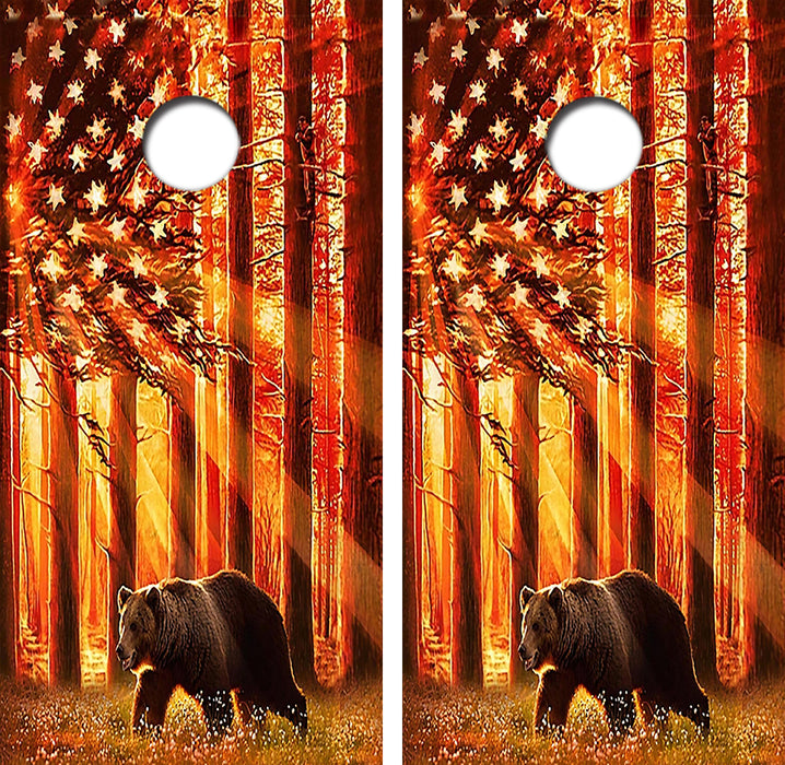 Grizzly Bear American Flag Cornhole Wrap Decal with Free Laminate Included