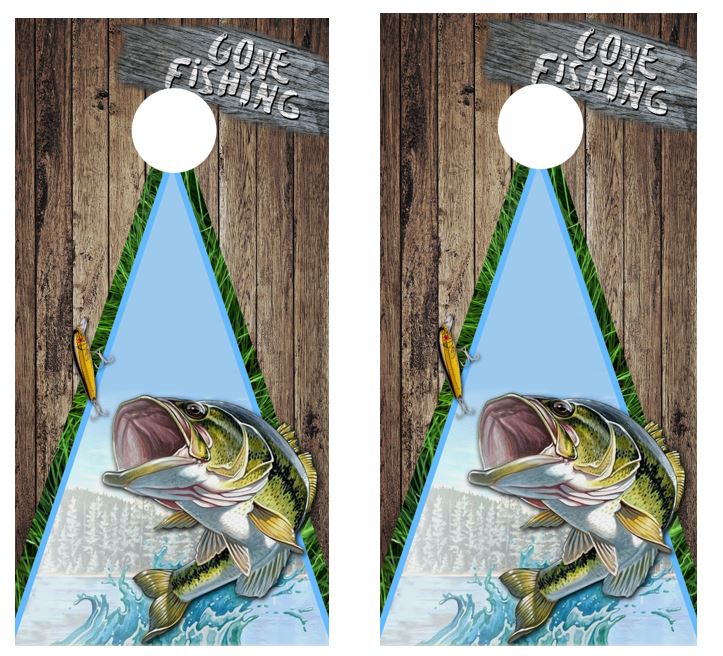 Gone Fishing Cornhole Wood Board Skin Wraps FREE LAMINATE