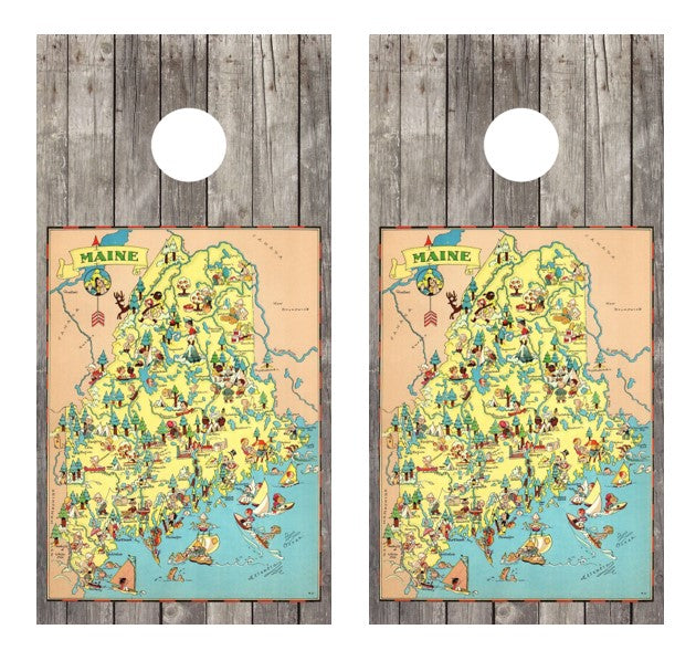 Nostalgic Maine Map Cornhole Wrap Decal with Free Laminate Included