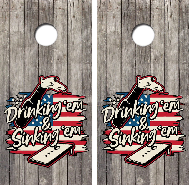 Drinking 'Em & Sinking 'Em Cornhole Wrap Decal with Free Laminate Included