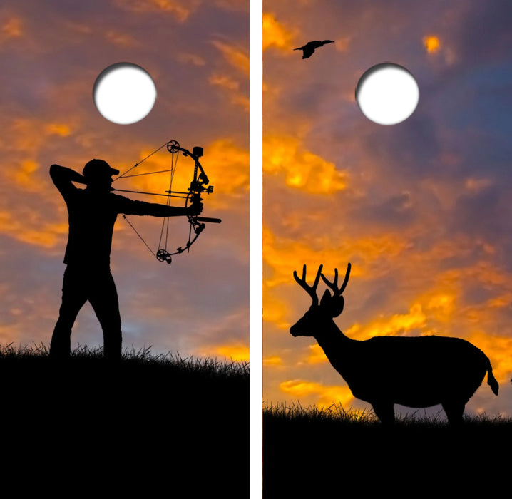 Bow Hunting Buck At Dusk Cornhole Wrap Decal with Free Laminate Included