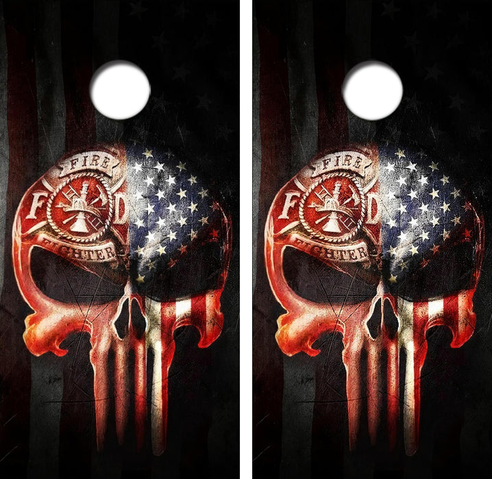 Fire Fighter Punisher Skull Cornhole Wrap Decal with Free Laminate Included