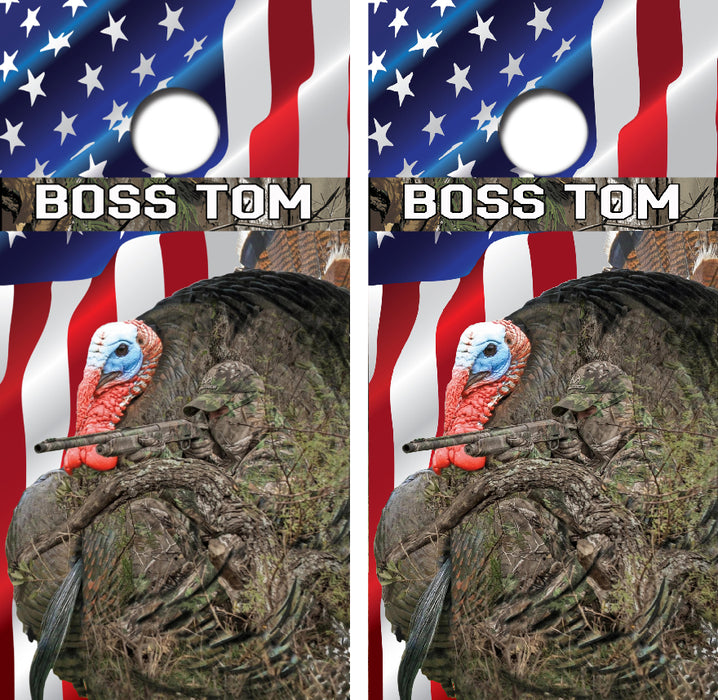 Boss Tom Turkey Hunter Cornhole Wrap Decal with Free Laminate Included