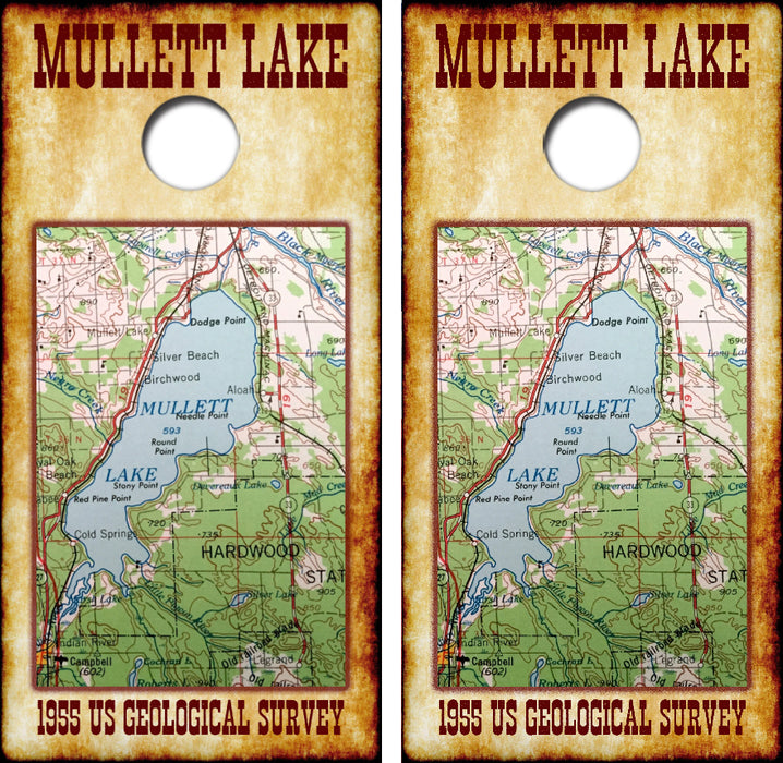 1955 Mullett Lake Map Cornhole Wrap Decal with Free Laminate Included