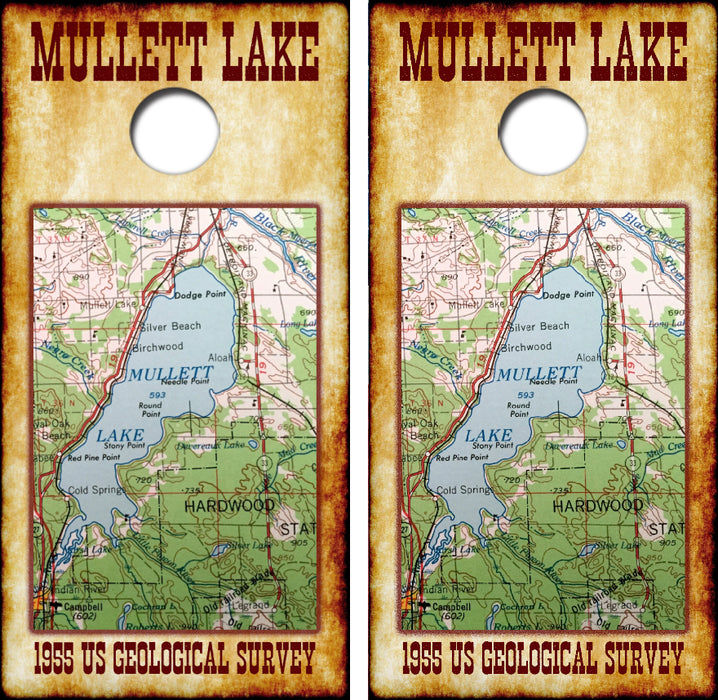 1955 Mullett Lake Map Cornhole Wrap Decal with Free Laminate Included