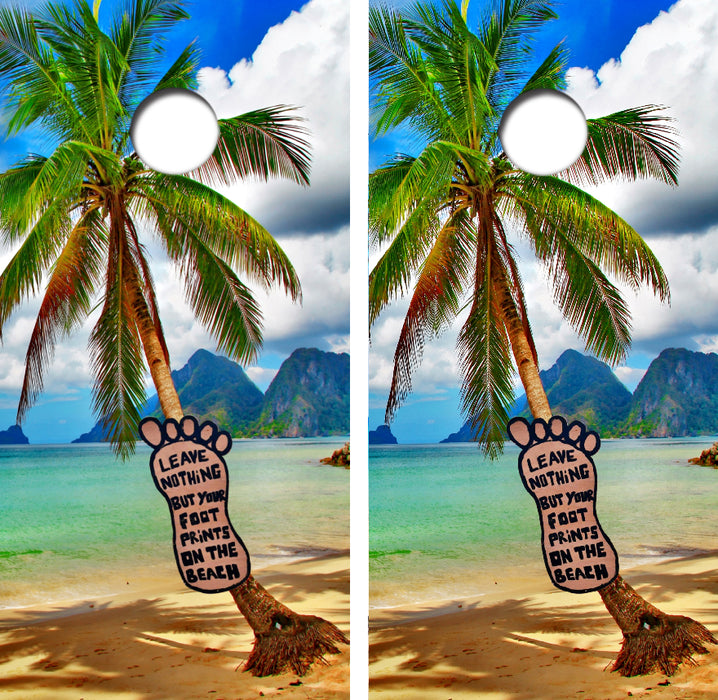 Tropical Beach Footprints Cornhole Wrap Decal with Free Laminate Included