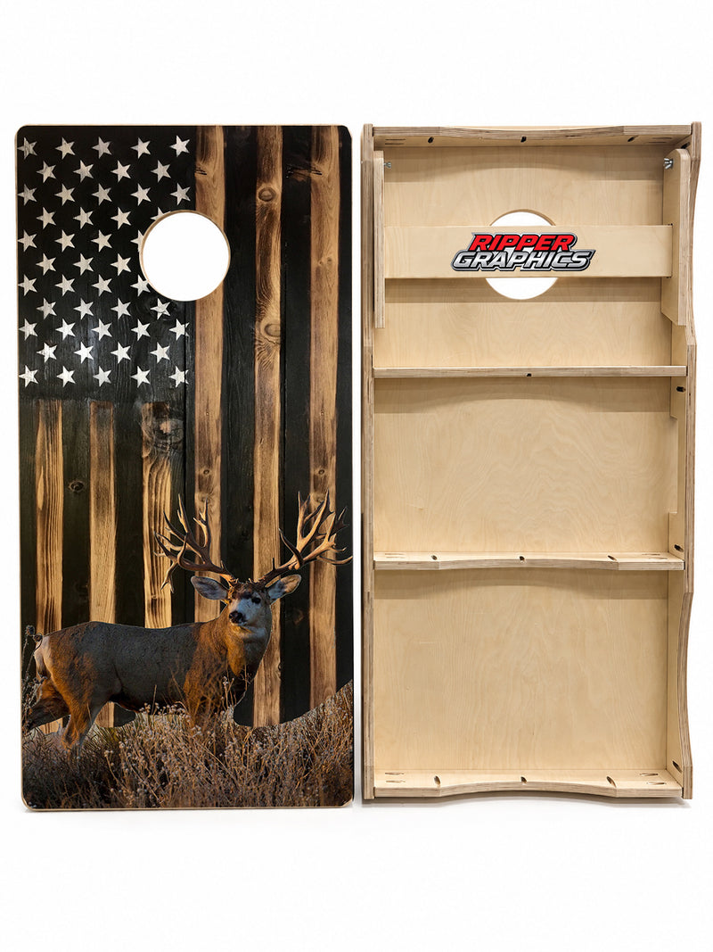 Rustic American Flag Mule Deer Cornhole Design