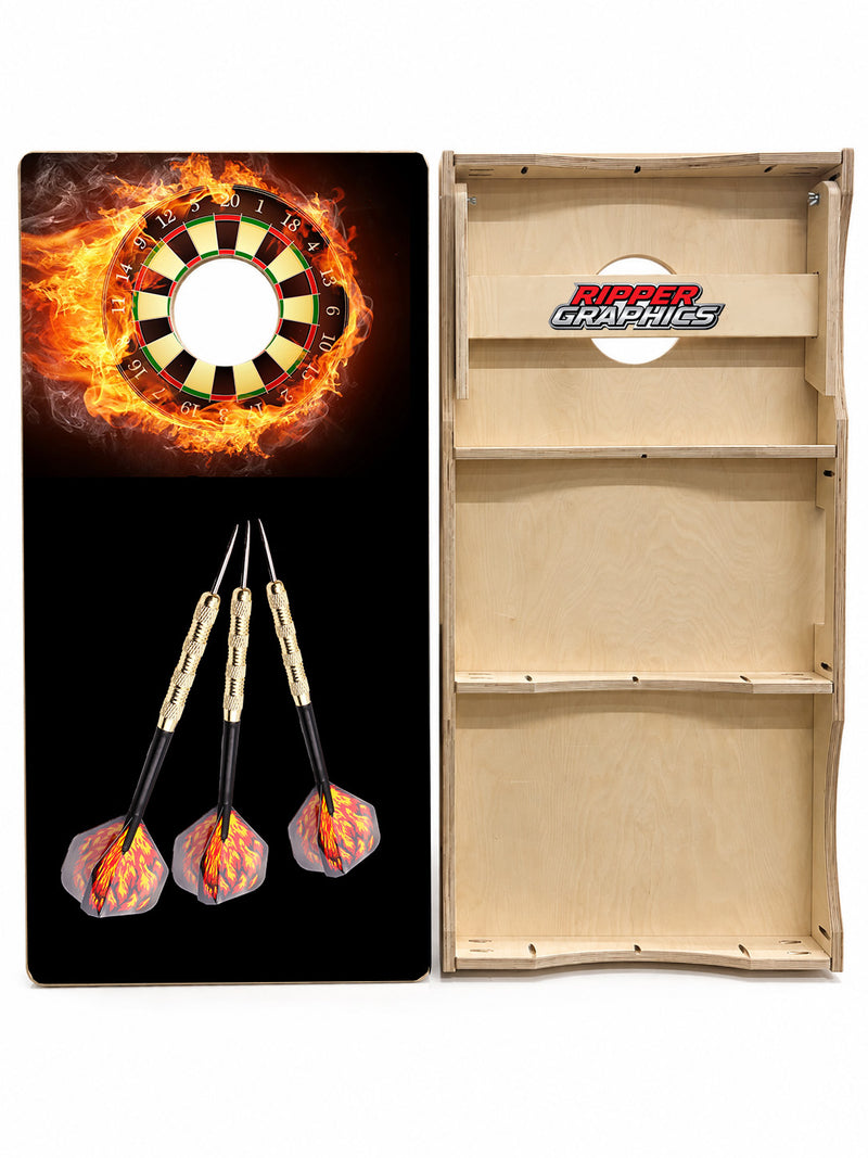 Flaming Dart Board With Darts Cornhole Design