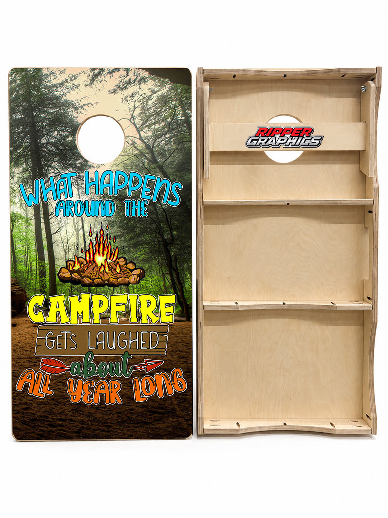 What Happens Around the Campfire Cornhole Design