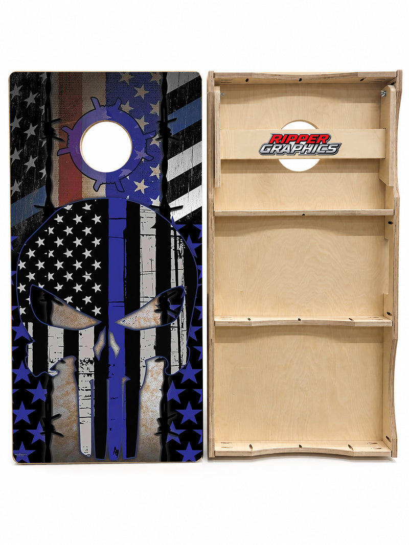 Blue Lives Matter Punisher Skull Cornhole Design