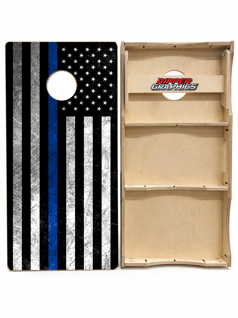 Grunge Blue Lives Flag Cornhole Design